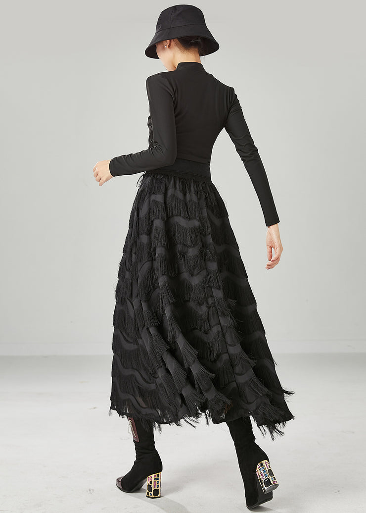 French Black Tasseled Exra Large Hem Chiffon Skirts Summer