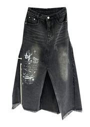 French Black Tasseled Lace Up Pockets Patchwork Denim Skirts Fall