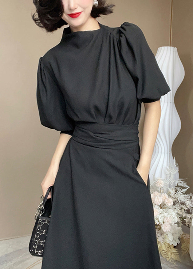 French Black Tie Waist Pockets Patchwork Cotton Dress Summer