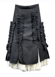 French Black Tulle Patchwork Ruffled Elastic Waist Maxi Skirts