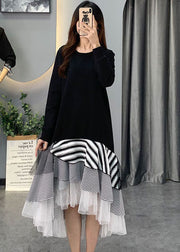 French Black Tulle Striped Patchwork Cotton Dresses Spring