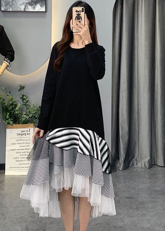 French Black Tulle Striped Patchwork Cotton Dresses Spring