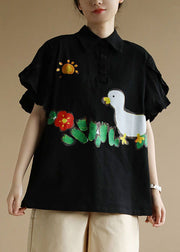 French Black Turn-down Collar Ruffled Character Applique Cotton Shirts Short Sleeve