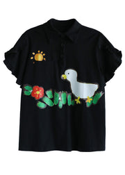 French Black Turn-down Collar Ruffled Character Applique Cotton Shirts Short Sleeve