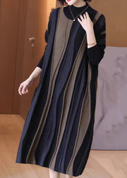 French Black Turtleneck Patchwork Cotton Knit Long Dresses Spring