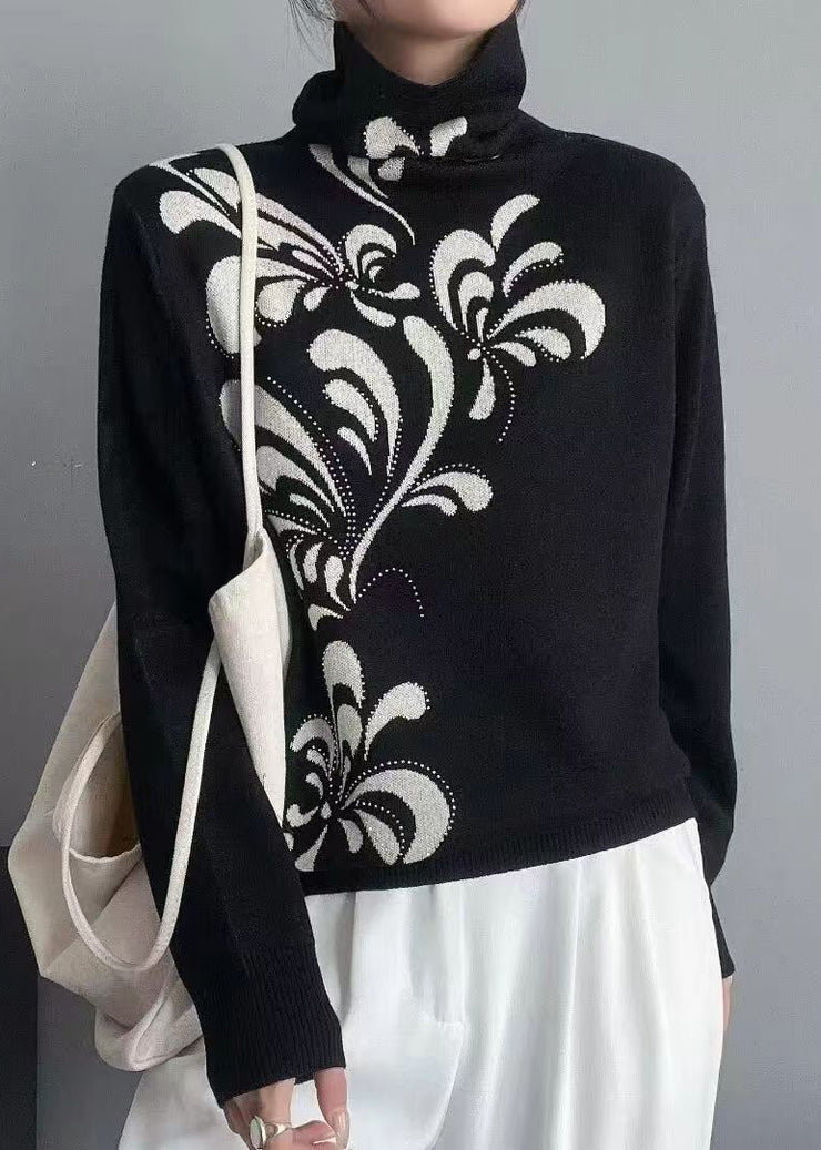 French Black Turtleneck Zircon Wool Knit Sweaters Long Sleeve