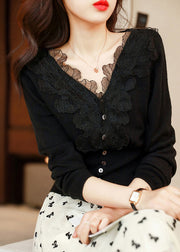 French Black V Neck Button Lace Patchwork Knit Top Fall
