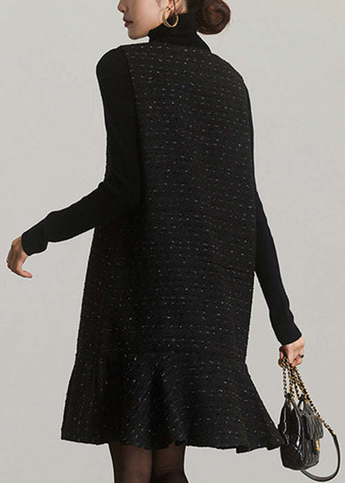 French Black V Neck Button Patchwork Cotton Mid Dress Sleeveless