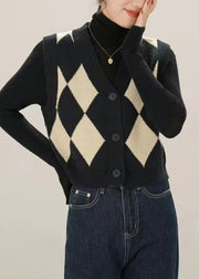 French Black V Neck Button Patchwork Knit Waistcoat Sleeveless