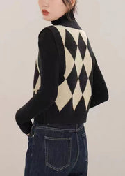 French Black V Neck Button Patchwork Knit Waistcoat Sleeveless