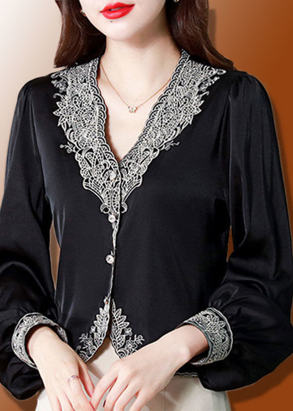 French Black V Neck Embroidered Chiffon Blouses Long Sleeve