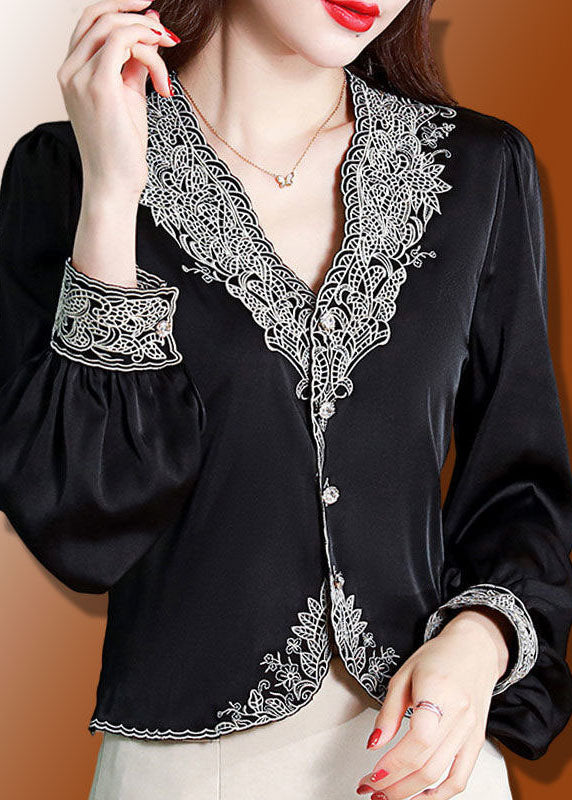 French Black V Neck Embroidered Chiffon Blouses Long Sleeve