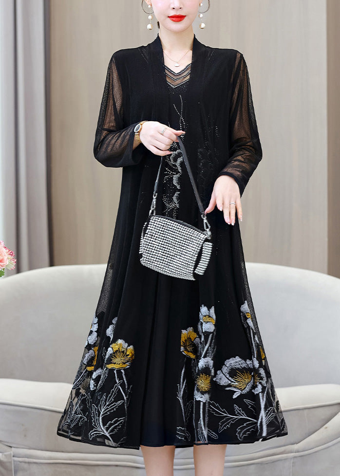 French Black V Neck Embroidered Floral Ice Silk Long Sunscreen Cardigans Summer