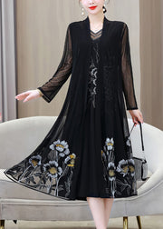 French Black V Neck Embroidered Floral Ice Silk Long Sunscreen Cardigans Summer