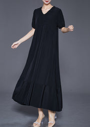 French Black V Neck Exra Large Hem Silk Ankle Dress Summer