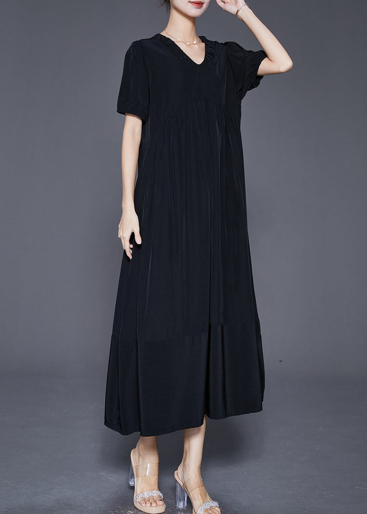 French Black V Neck Exra Large Hem Silk Ankle Dress Summer