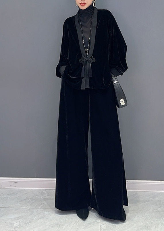 French Black V Neck Patchwork Button Silk Velour Coats And Wide Leg Pants Two Pieces Set Fall