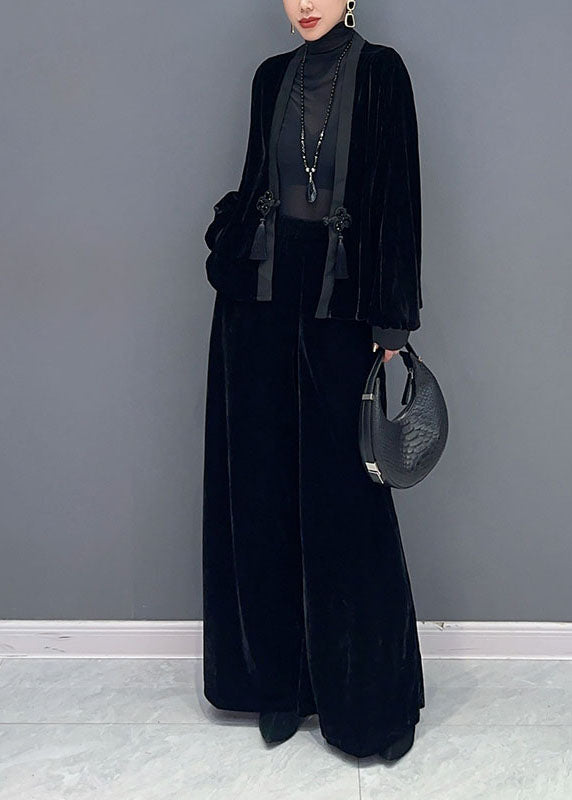 French Black V Neck Patchwork Button Silk Velour Coats And Wide Leg Pants Two Pieces Set Fall