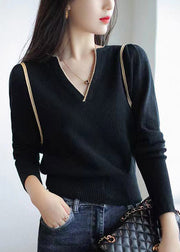 French Black V Neck Patchwork Cozy Knit Tops Fall