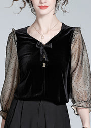 French Black V Neck Patchwork Dot Silk Velour Shirt Spring
