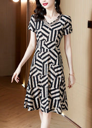 French Black V Neck Patchwork Striped Print Chiffon Dress Summer