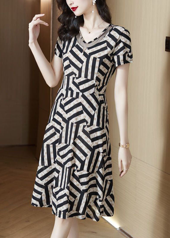 French Black V Neck Patchwork Striped Print Chiffon Dress Summer