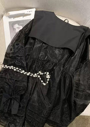 French Black V Neck Patchwork Tulle Mid Dresses Long Sleeve