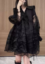 French Black V Neck Patchwork Tulle Mid Dresses Long Sleeve