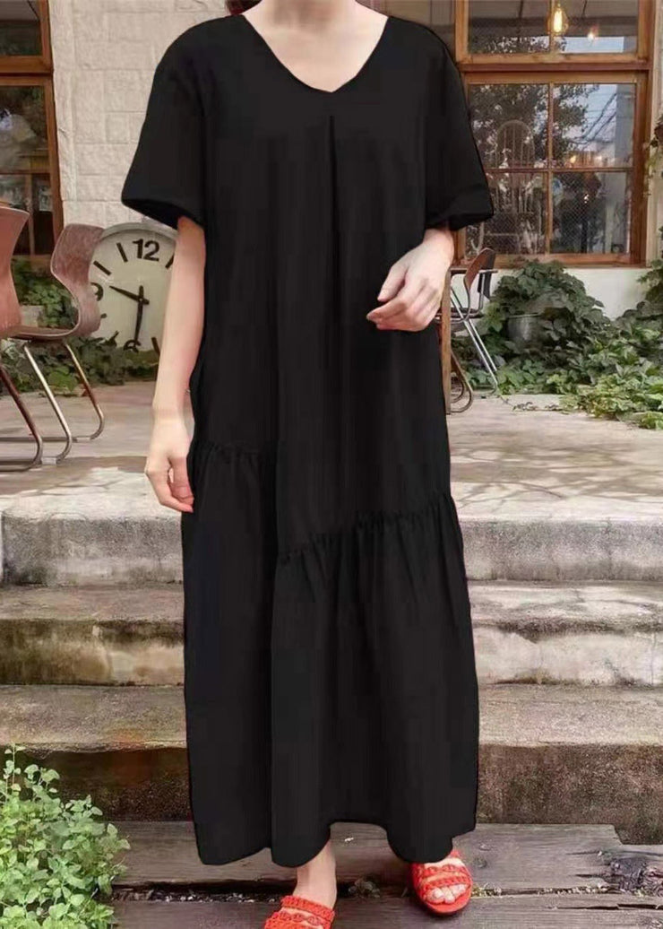 French Black V Neck Patchwork Wrinkled Cozy Long Dress Short Sleeve