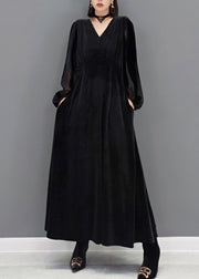 French Black V Neck Pocket Patchwork Velour Dress Autumn