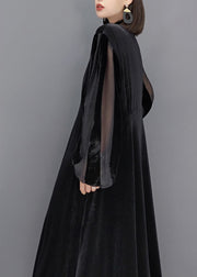 French Black V Neck Pocket Patchwork Velour Dress Autumn
