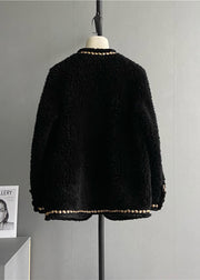 French Black V Neck Pockets Patchwork Woolen Coats Winter