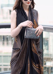 French Black V Neck Print Pockets Patchwork Silk Dresses Sleeveless