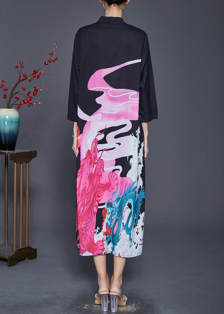 French Black V Neck Print Silk Long Dresses Spring