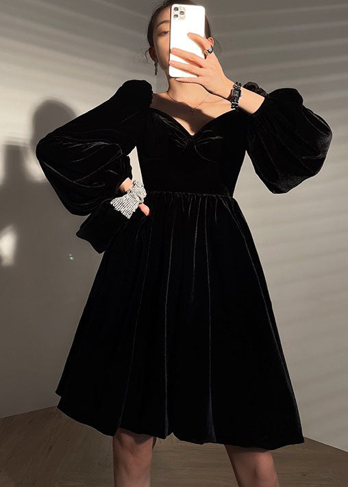 French Black V Neck Solid Color Velour Mid Dress Lantern Sleeve