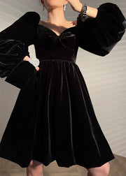 French Black V Neck Solid Color Velour Mid Dress Lantern Sleeve