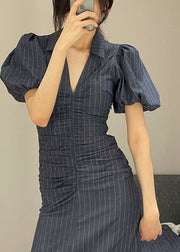 French Black V Neck Striped Slim Chiffon Long Dresses Short Sleeve