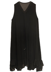 French Black V Neck Tassel Patchwork Ruffles Chiffon Mid Dress Sleeveless