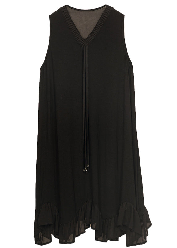 French Black V Neck Tassel Patchwork Ruffles Chiffon Mid Dress Sleeveless