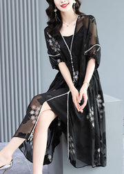 French Black V Neck Wrinkled Jacquard Silk Dress Two Pieces Set Summer