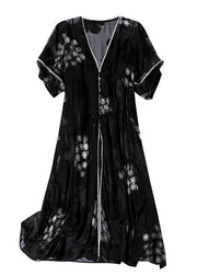 Französisches, schwarzes, faltiges Jacquard-Seidenkleid mit V-Ausschnitt, zweiteiliges Set, Sommer