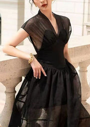 French Black V Neck Wrinkled Patchwork Tulle Dress Summer