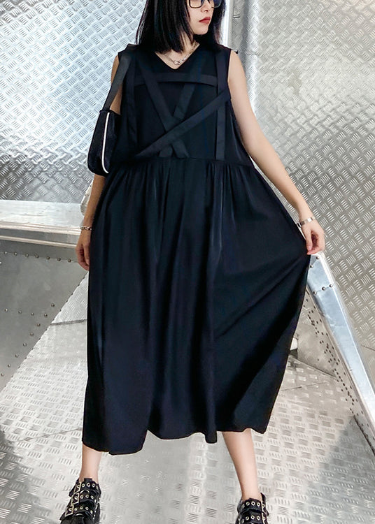 Französisches, schwarzes, faltiges Streetwear-Kleid mit V-Ausschnitt, ärmellos