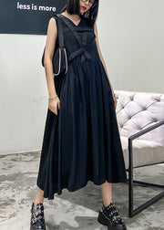 French Black V Neck Wrinkled Streetwear Dress Sleeveless