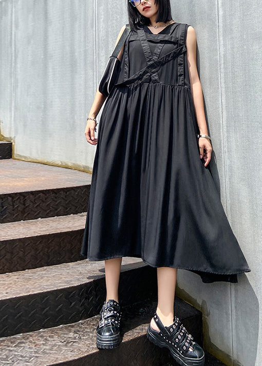 French Black V Neck Wrinkled Streetwear Dress Sleeveless