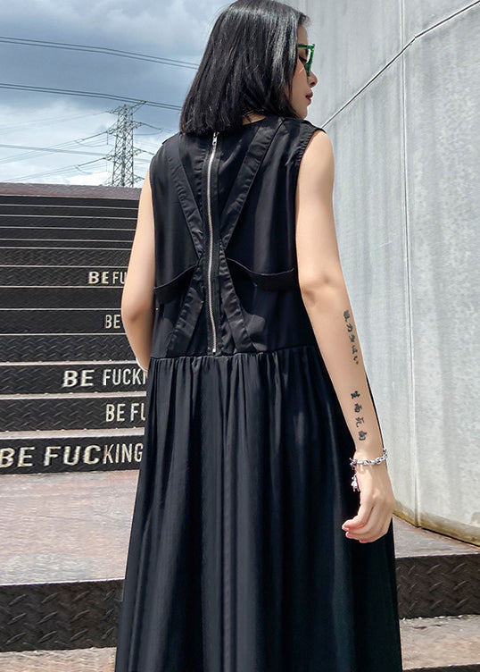 Französisches, schwarzes, faltiges Streetwear-Kleid mit V-Ausschnitt, ärmellos