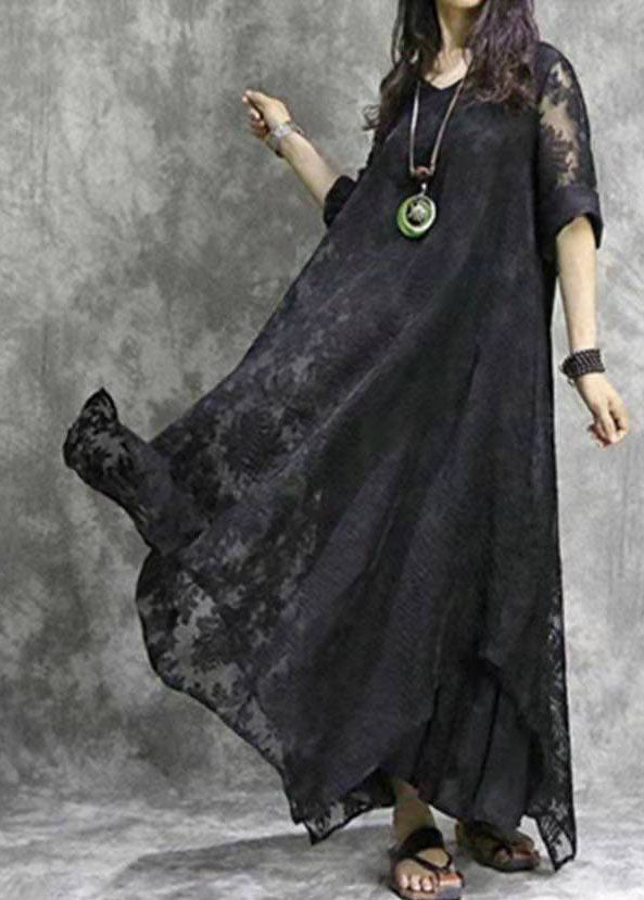 French Black V Neck asymmetrical Floral design Dress Spring