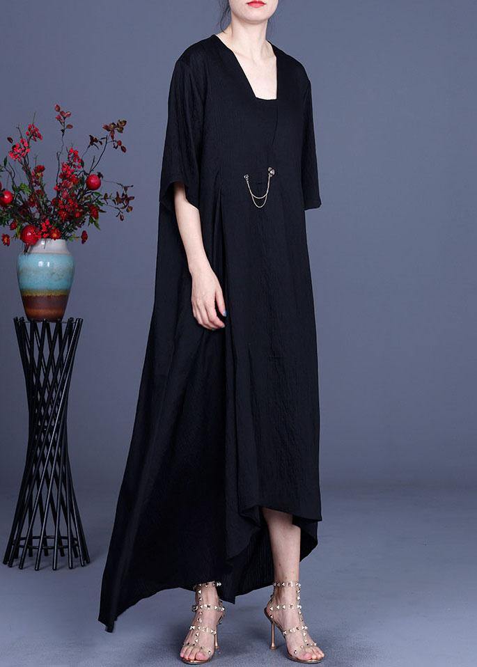 French Black V Neck asymmetrical design Dresses Summer - SooLinen