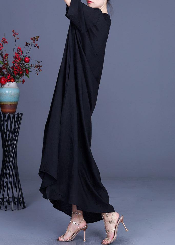 French Black V Neck asymmetrical design Dresses Summer - SooLinen