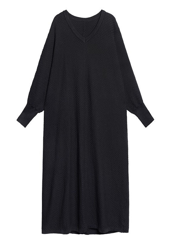 Französisches schwarzes Strickkleid aus Baumwolle mit V-Ausschnitt